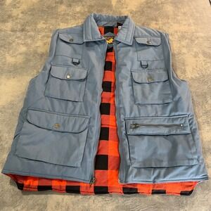 Branded Lion Utility Vest Mens Large Blue Buffalo Plaid Lined Cargo Puffer VTG